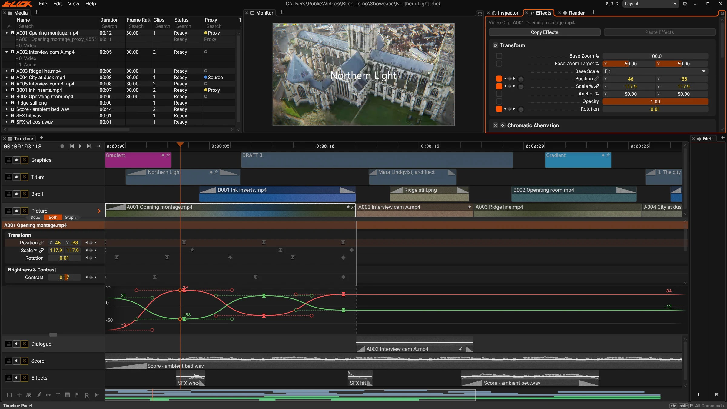 Blick with a project open: media list, monitor, effects of the selected clip, a timeline with many clips, and the keyframe editor with its curves